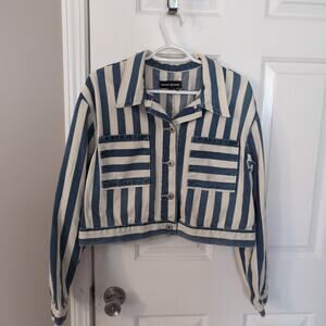 DKNY Jeans Denim Jacket Cropped Striped Indigo Blue White Relaxed Large